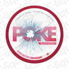 Poke Raspberry nicotine pouches packaging, 16mg strength, tobacco-free, featuring a cracked design.