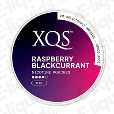 XQS Raspberry Blackcurrant nicotine pouches featuring tart raspberry and sweet blackcurrant flavors, 8mg strength.