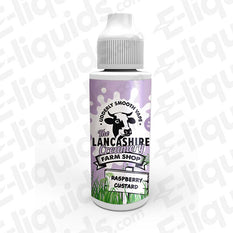 Raspberry Custard Farm Shop E-liquid by Lancashire Creamery, 100ml shortfill bottle with creamy raspberry tart flavor, 70% VG.