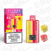 Elf Bar Dual 10K Disposable Vape Kit with raspberry and cherry flavors, featuring 10,000 puffs and two prefilled pods.
