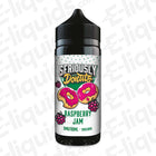 Bottle of Seriously Donuts Raspberry Jam E-liquid by Doozy Vape Co, 100ml, 70VG/30PG, featuring donut and raspberry imagery.