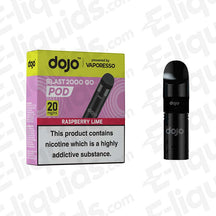 Raspberry Lime Vaporesso Dojo Blast 2000 Go Vape Pod with nicotine warning, featuring 20mg strength and additional 2,000 puffs.