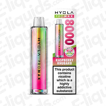 Hyola Pro Max 8000 Raspberry Rhubarb prefilled pod kit with 20mg nicotine, 1800mAh battery, 2ml pod. Compact and TPD compliant.