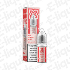 Pod Salt Nexus Red Gummy Bear Nic Salt E-liquid in a 10ml bottle with a red and white packaging design.