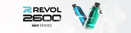 Revol 2600 vape devices, 4in1 series, showcasing blue and green models with sleek design on a white background
