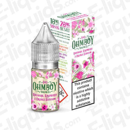 Ohm Boy Vol II Rhubarb, Raspberry & Orange Blossom Nic Salt E-liquid 10ml with floral packaging.