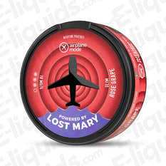 Rose Grape Airplane Mode Nicotine Pouches by Lost Mary in a sleek can, featuring 18mg strength, tobacco-free experience.
