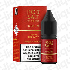 Royal Tobacco Nic Salt E-liquid by Pod Salt in 20mg nicotine strength, featuring a smooth tobacco flavor with light caramel.
