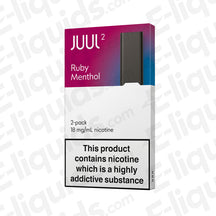 JUUL V2 Ruby Menthol Pod 2 Pack with 18mg/mL nicotine, compatible with JUUL2 Device, featuring wild blush and menthol flavors.
