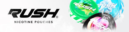 RUSH nicotine pouches in colorful packaging, showcasing product variety.