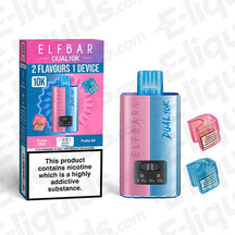 Elf Bar Dual 10K Disposable Vape Kit with grape mint and fruits flavors, featuring dual tank and sleek design.