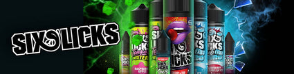 Six Licks e-liquid bottles with colorful designs and flavors on a vibrant background