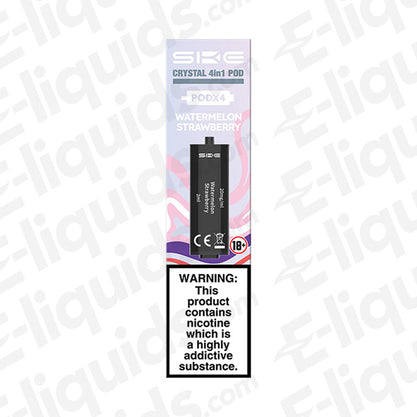 SKE Crystal 4-in-1 Pod Pack featuring Watermelon Strawberry flavor, ideal for pod kits, with nicotine warning.
