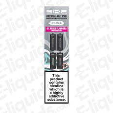 White Edition SKE Crystal 4-in-1 Mixed Flavour Vape Pods featuring Watermelon Ice, Strawberry, Pink Lemonade, Melon Berry.