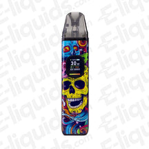 OXVA Xlim Pro 2 Pod Kit Skulliful Black with vibrant skull design, 1300 mAh battery, USB C port, and natural 3D curves for comfort.