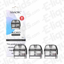 Smok Acro Replacement Vape Pods with 3 refillable pods, 2ml capacity, featuring mesh coil for the Acro Kit. E-liquids included.