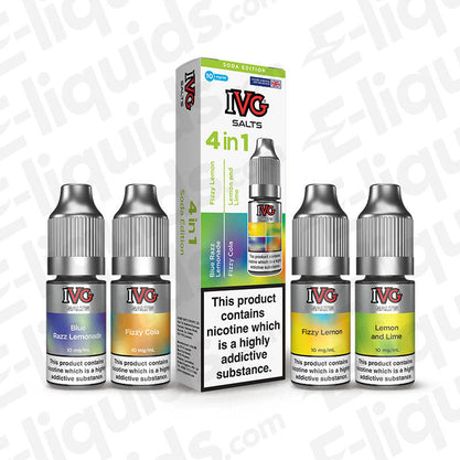 IVG Salts Soda Edition 4 in 1 Nic Salt e-liquid bundle featuring Blue Razz Lemonade, Fizzy Cola, Fizzy Lemon, Lemon and Lime.
