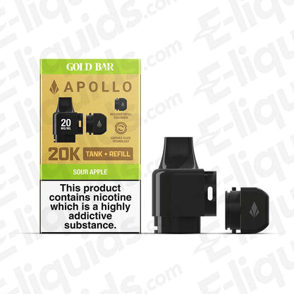 Gold Bar Apollo Sour Apple Tank and Refill Pods, featuring 20mg Nic Salts and Capsule Click Technology.