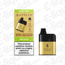 Gold Bar 20K Apollo AIO Big Puff Vape Pod Kit, Sour Apple flavor, compact design, 20,000 puffs, legal vaping device.
