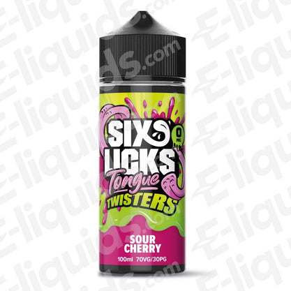 Sour Cherry Shortfill E-liquid by Six Licks Tongue Twisters in a 100ml bottle with vibrant packaging.
