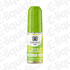 Sour Rainbow Nic Salt E-liquid by Bar Juice 5000 in a 10ml bottle, featuring a vibrant green cap and fruity design.