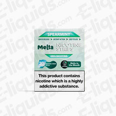 Spearmint MELTA Nicotine Strips box with 2mg nicotine and 20 strips, tobacco-free and quick-release.