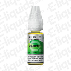 10ml ELFLIQ Spearmint Nic Salt E-liquid bottle with minty flavor label, available in 10mg and 20mg strengths.
