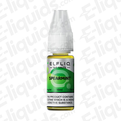 10ml ELFLIQ Spearmint Nic Salt E-liquid bottle with minty flavor label, available in 10mg and 20mg strengths.