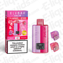 Elf Bar Dual 10K Disposable Vape Kit with cherry and watermelon flavors, featuring 10,000 puffs and dual tank system.