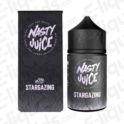 Stargazing Shortfill E-liquid by Nasty Juice in a sleek black bottle and box, featuring blueberry and mint flavors.