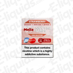 Strawberry MELTA Nicotine Strips box with 20 strips, 2mg nicotine, smoke-free option for indulgent flavor.