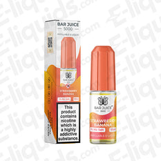 Bar Juice 5000 Strawberry Banana Nic Salt E-liquid in 10ml bottle with vibrant packaging and nicotine warning.