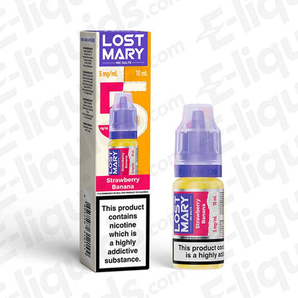 Lost Mary Nic Salt Vape Juice Strawberry Banana 5mg 10ml with packaging, ideal for Pod Kits and Mouth to Lung, contains nicotine
