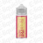 Pod Salt Nexus Strawberry Banana Rhubarb Shortfill E-liquid in a 100ml bottle with pink and gold design.