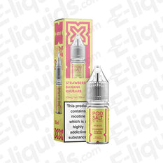 Packaged bottle of Strawberry Banana Rhubarb Nic Salt E-liquid by Pod Salt Nexus, showcasing vibrant fruits and nicotine warning.