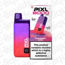 PIXL 8000 Strawberry Burst vape kit with 20mg nicotine, TPD compliant, featuring 10ml + 2ml tank capacity and meshed coil technology.
