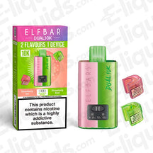 Elf Bar Dual 10K Disposable Vape Kit with Strawberry Ice and Kiwi flavors, featuring dual-tank design and 10,000 puffs.