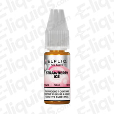 ELFLIQ Strawberry Ice Nic Salt E-liquid bottle with 10ml capacity, featuring sweet strawberry flavor with menthol, available in 10mg or 20mg nicotine.