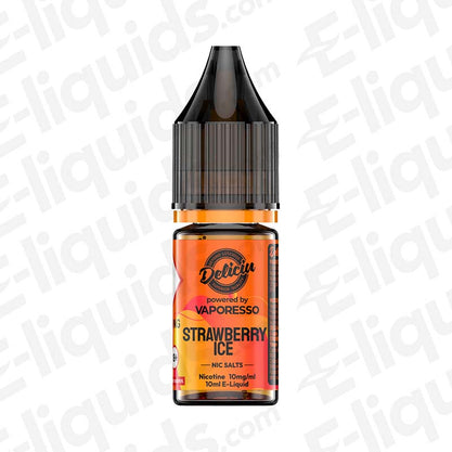 Strawberry Ice Deliciu 2 Nic Salt E-liquid by Vaporesso in a 10ml bottle with orange and black packaging.