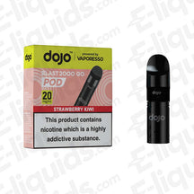 Strawberry Kiwi Vaporesso Dojo Blast 2000 Go Pod with nicotine warning, featuring sleek black design and flavored vape pod packaging.