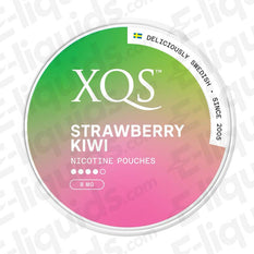 XQS Strawberry Kiwi nicotine pouches with sweet strawberry and tangy kiwi flavor, 8mg strength, 20 pouches per can.