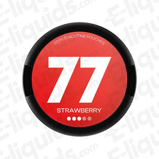 Strawberry 77 nicotine pouches canister with 10.4mg per pouch, displaying vibrant red design and containing 20 pouches per can.