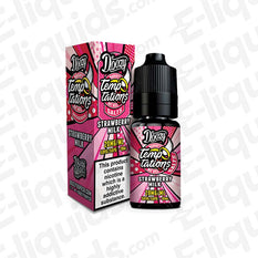 Doozy Temptations Strawberry Milk Nic Salt E-liquid bottle and box, 20mg, 10ml size, 50/50 VG PG ratio, fruity creamy flavour.