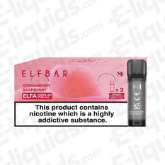 Elf Bar ELFA Pre-Filled Vape Pods Strawberry Raspberry pack with product and nicotine warning label.