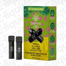 Darwin CBD+CBG 900mg Strawberry Watermelon Bubblegum (2 x 450mg) Prefilled Pod with sweet Candy flavour in yellow and green packaging.
