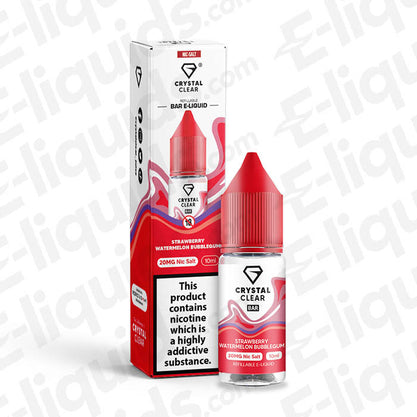 Crystal Clear Bar Strawberry Watermelon Bubblegum Nic Salt 20mg in a bottle with box, perfect for sweet cravings.