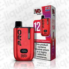 IVG Pro 6000 disposable vape in red flavor Strawberry Watermelon with charging details and warning label.