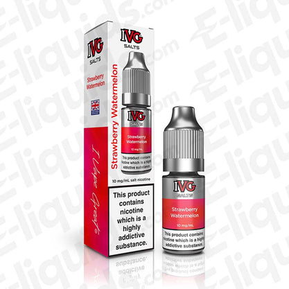 IVG Salts Strawberry Watermelon Nic Salt E-liquid 10ml bottle with packaging, featuring 10mg nicotine strength.