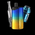 Vibrant blue and gold vape kit with sleek design and accompanying cartridges.