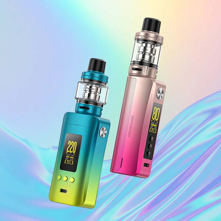 Colorful vape devices in blue and pink with digital screens on a pastel gradient background.